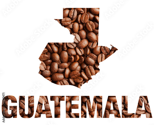 Guatemala map and word coffee beans isolated on white