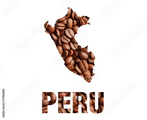 Peru map and word coffee beans isolated on white