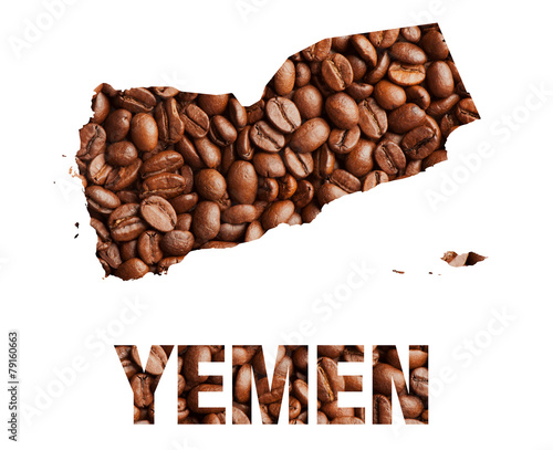 Yemen map and word coffee beans isolated on white