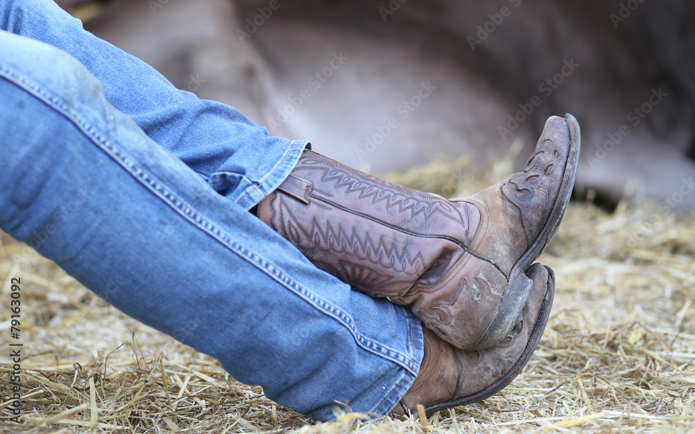 Cowboy leather boots and pants in blue jeans in the stable of bu Stock  Photo | Adobe Stock