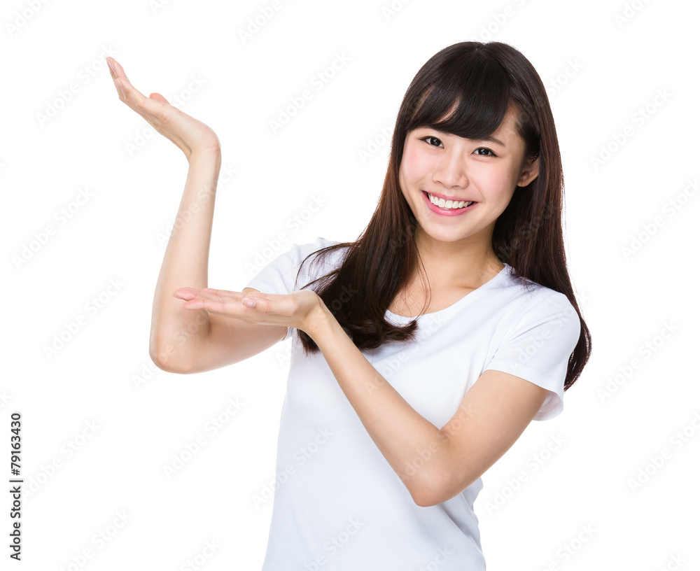 Woman with hand show with blank sign Woman with hand show with blank sign