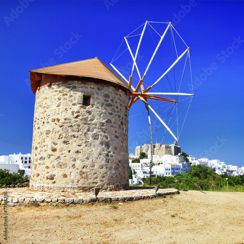windmills of Greece - Patmos island, view with monastery