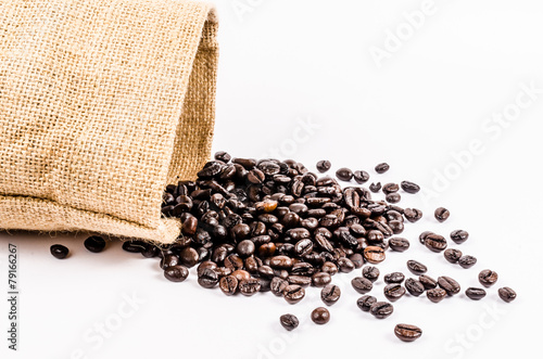 roasted coffee beans from sack bag