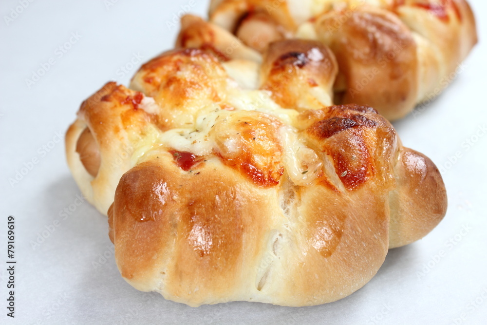 Cheese sausage bread on white background. Cheese sausage bread on white background.