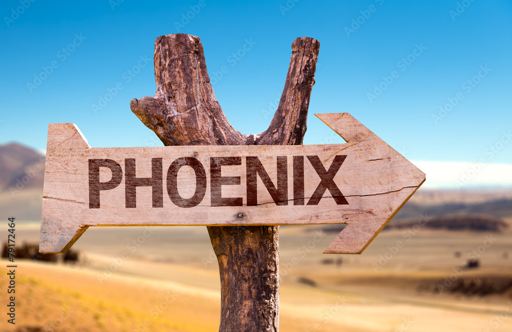 Phoenix wooden sign with a desert background