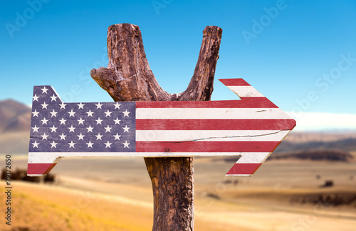United States Flag wooden sign with a desert background