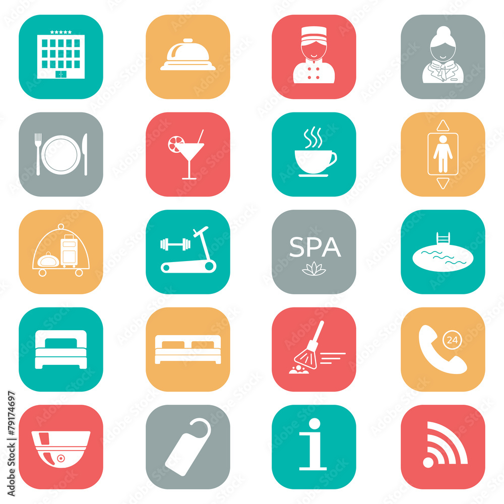 Set of hotel icons. Flat design. Silhouette. vector