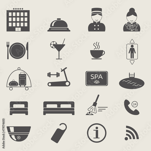 Hotel services icons. Monochrome color. Silhouette. Vector