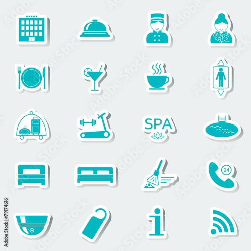 Hotel services icons. Stickers. Blue. Vector