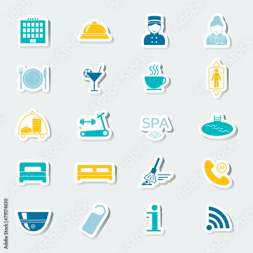 Icons set hotel services. Colorful stickers. Vector