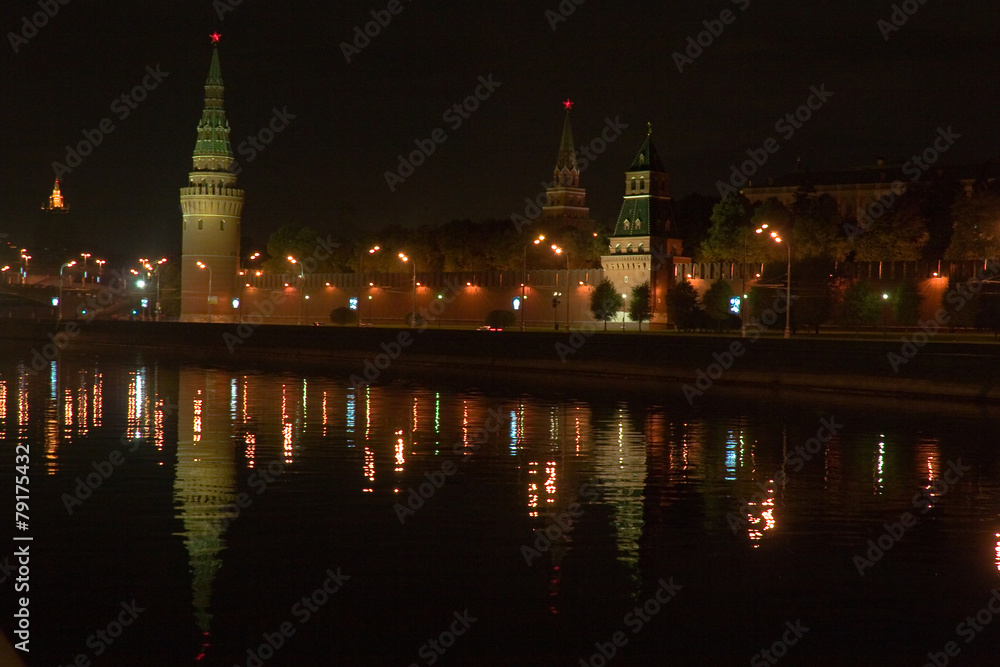 Panoramic view of Moscow Kremlin at night, Russia