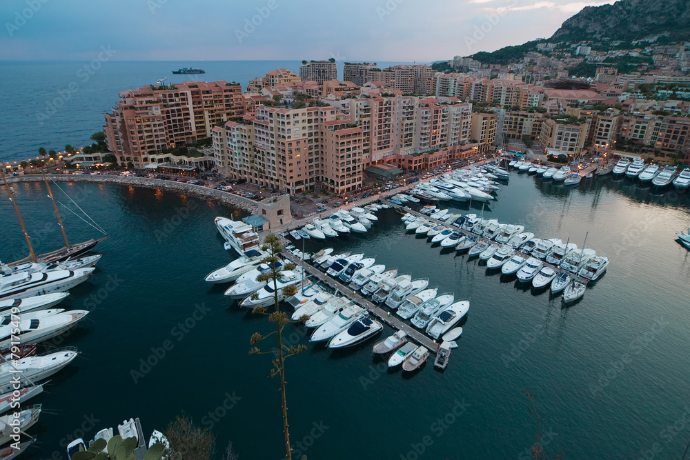Aerial View on Fontvieille and Monaco Harbor with Luxury Yachts,