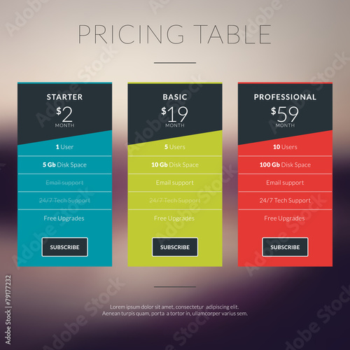 Vector pricing table in flat design style