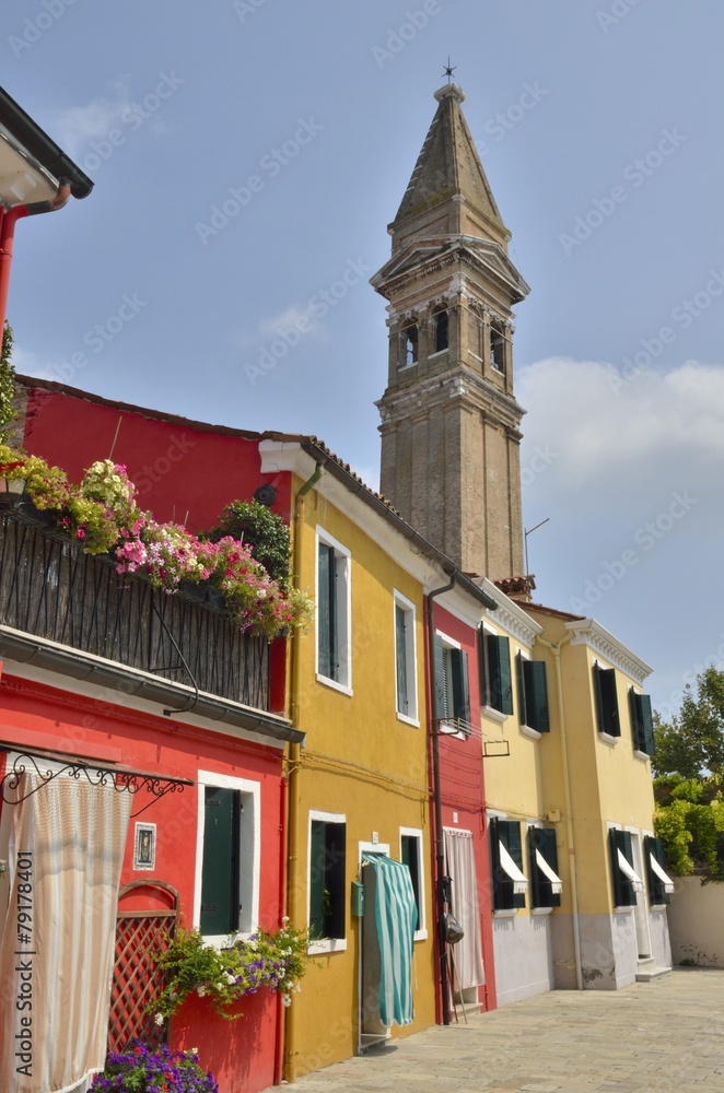 Tower and color housesin the island of Burano, Venice, Italy