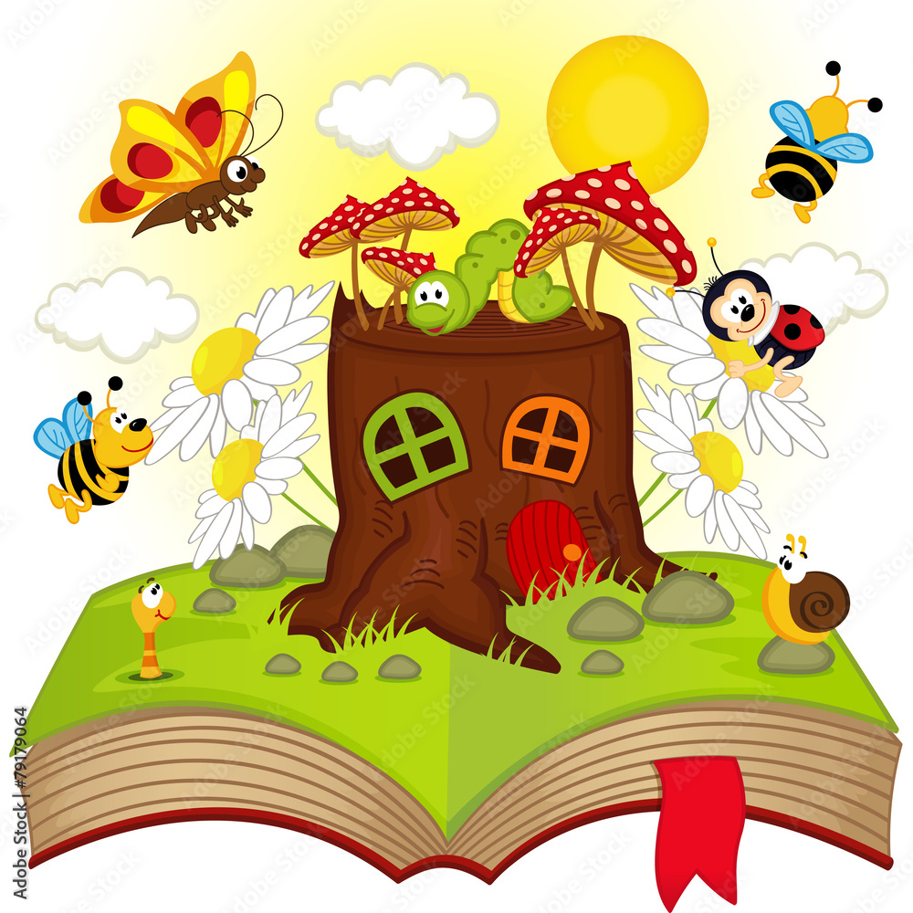Obraz premium open book with house stump and insects