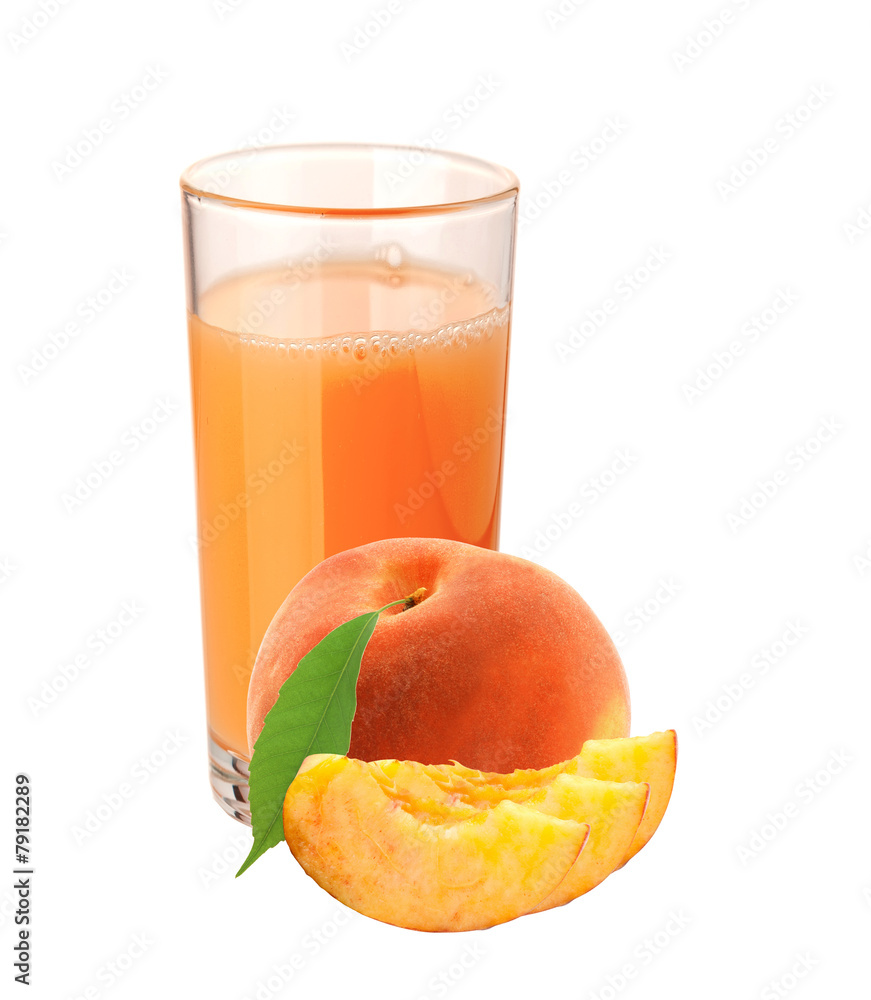 Peach juice in glass and peach fruit isolated on white Peach juice in glass and peach fruit isolated on white
