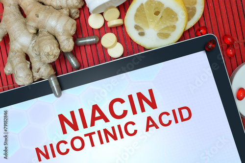 Tablet with words Nicotinic acid (niacin). Healthy eating. photo