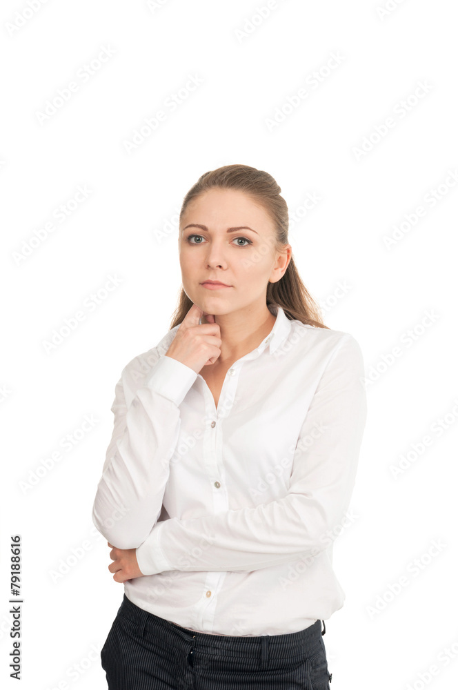 Young smiling woman in a white shirt against white background Young smiling woman in a white shirt against white background