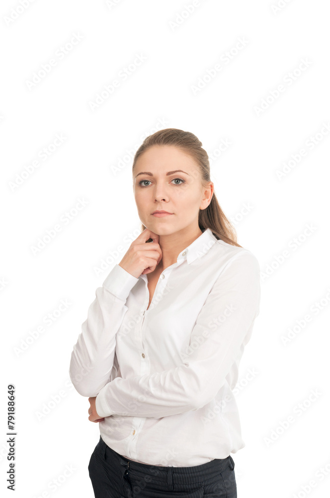 Young woman in a white shirt against white background Young woman in a white shirt against white background