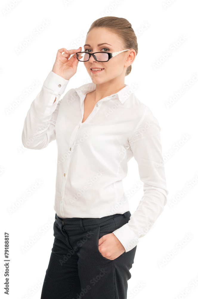 Young woman in a white shirt and glasses against white backgroun Young woman in a white shirt and glasses against white backgroun