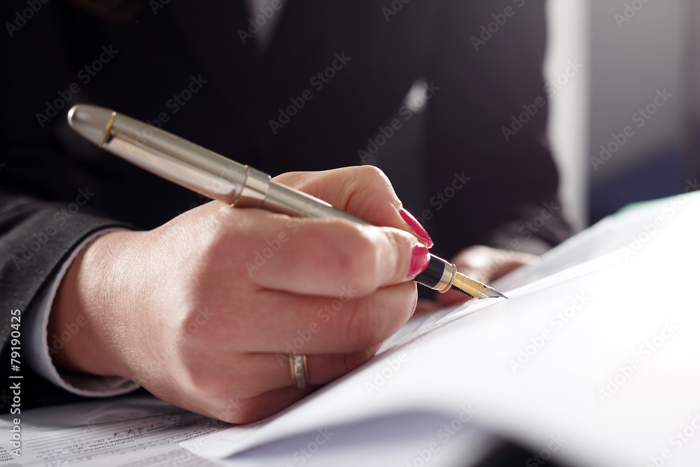 Business woman writing fountain pen head. Business woman writing fountain pen head.