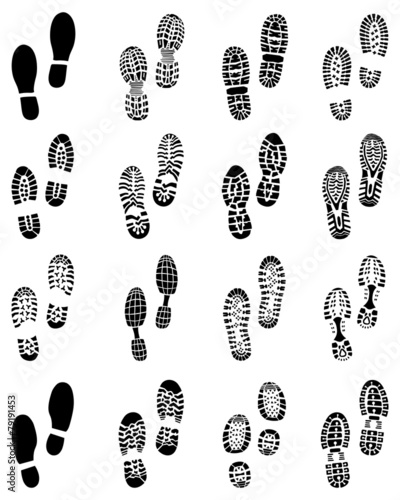Black prints of various shoes, vector Illustration