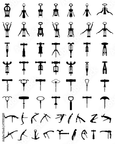 Set of black silhouette of corkscrew, vector