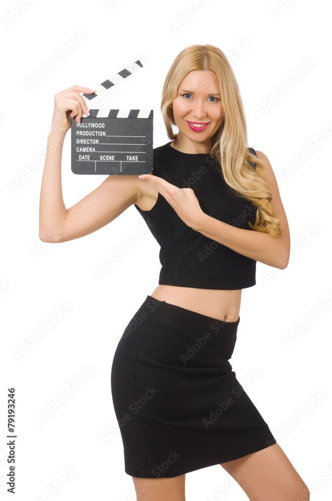Woman holding movie clapboard isolated on white Woman holding movie clapboard isolated on white