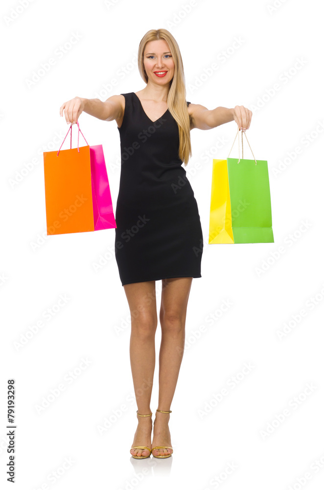 Woman after shopping spree on white