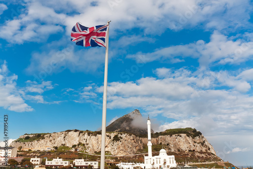 British flag on a background of Ibrahim-al-Ibrahim Mosque at Eur