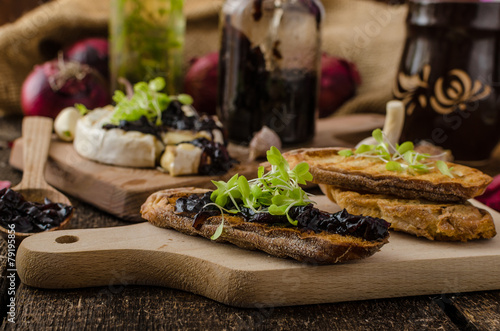 Toasted bread with brie cheese and caramelized onions photo