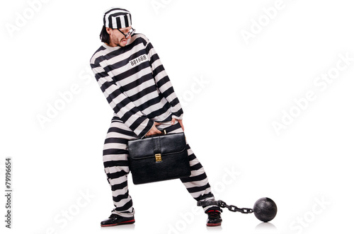 Funny prisoner with briefcase and shackles isolated on white