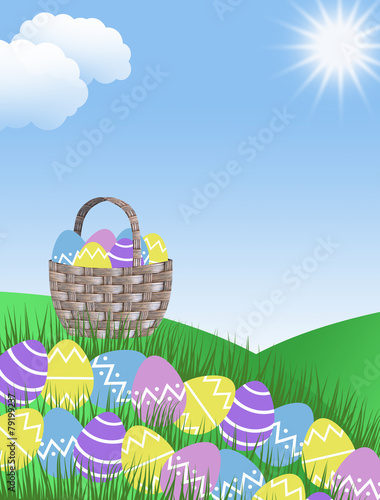 easter eggs and basket background illustration with copy space