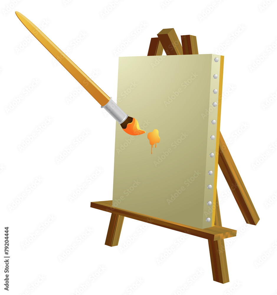 Easel, canvas and paint brush