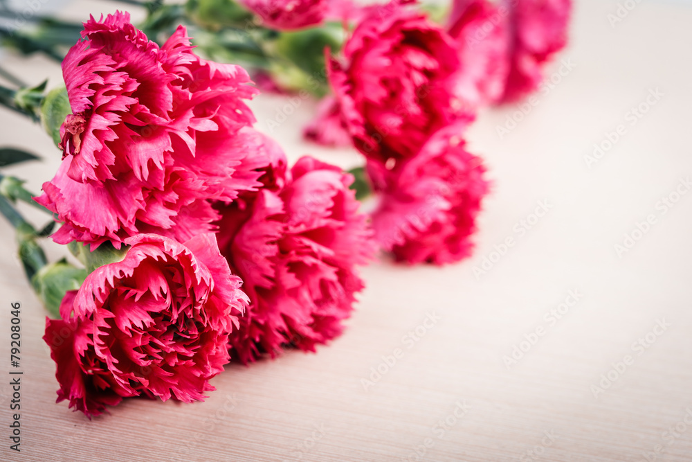 Bunch of fresh pink carnations on wooden background. Bunch of fresh pink carnations on wooden background.