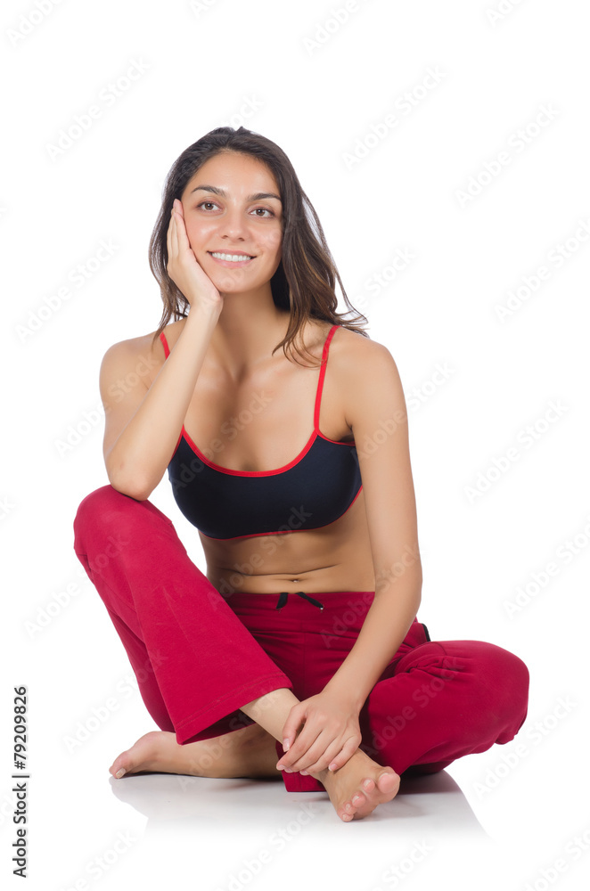 Young woman doing sport exercises isolated on white Young woman doing sport exercises isolated on white