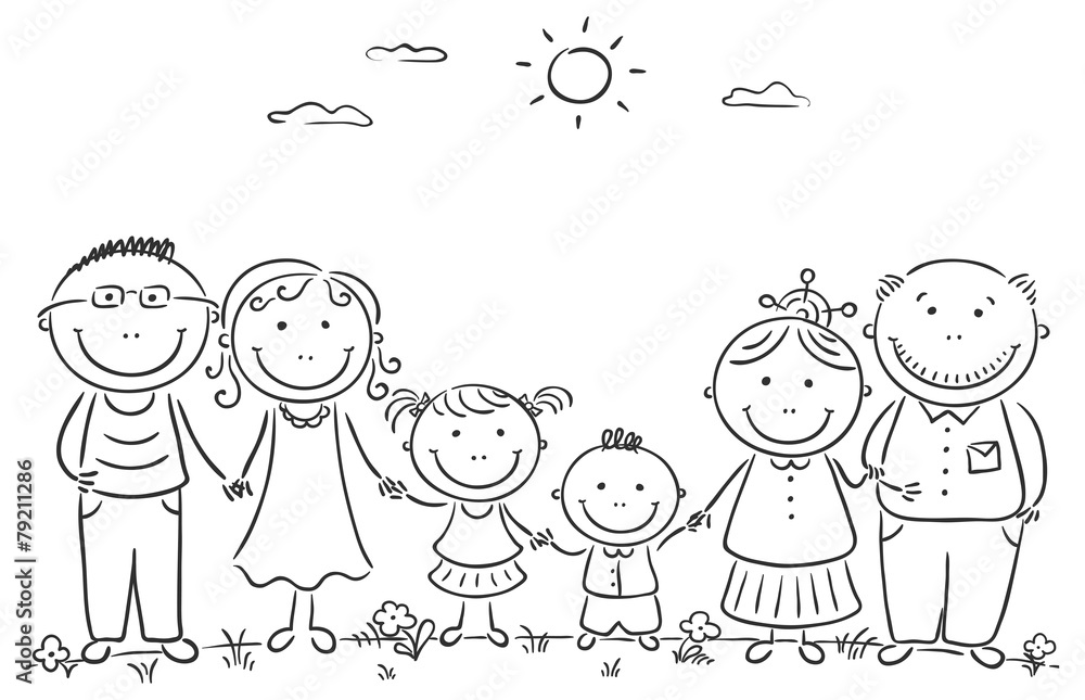 Happy cartoon famile with two children and grandparents