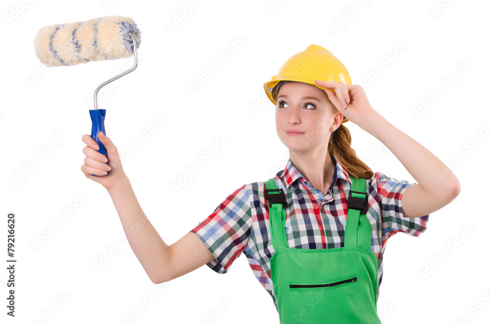 Funny woman painter in construction concept isolated on white Funny woman painter in construction concept isolated on white