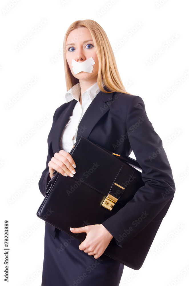 Businesswoman in censorship concept isolated on white Businesswoman in censorship concept isolated on white