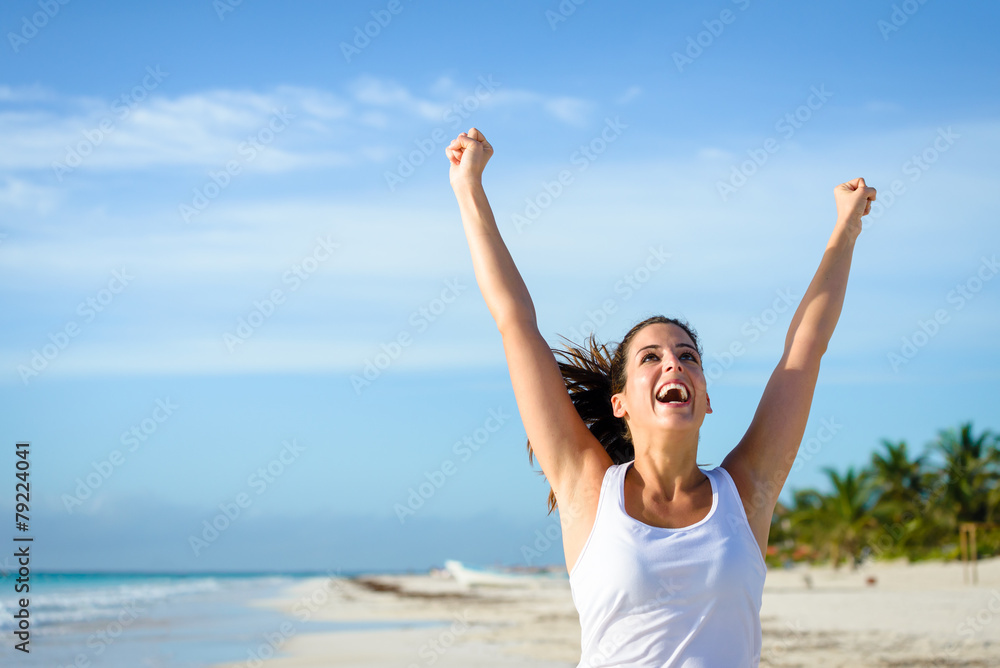 Successful sporty woman running at tropical beach Successful sporty woman running at tropical beach