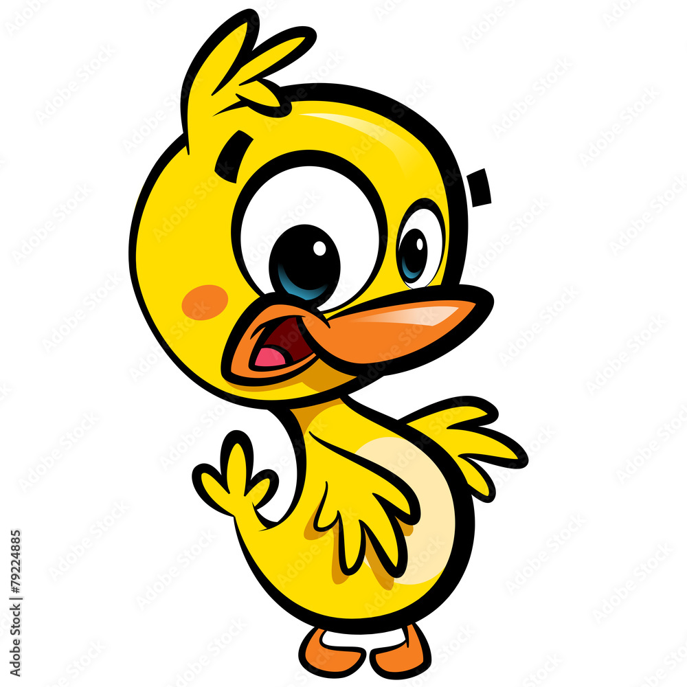 Cartoon cute little smiling baby duck character with black outli