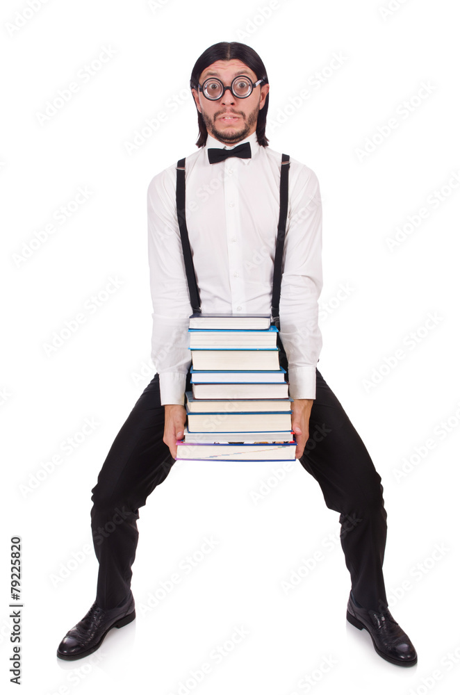 Funny student with books isolated on white Funny student with books isolated on white