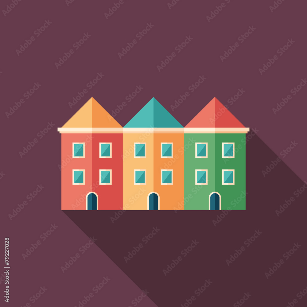 Colorful townhouses flat square icon with long shadows. Colorful townhouses flat square icon with long shadows.