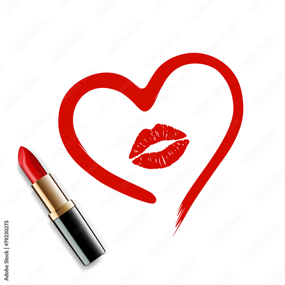 Obraz premium heart drawn in lipstick and lip imprint