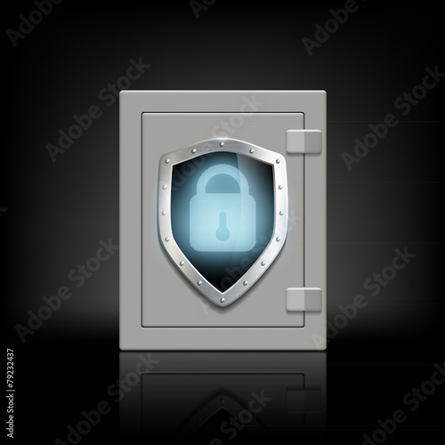 metal safe with a shield which depicts a lock
