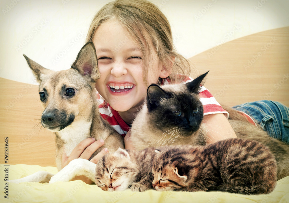 laughing child and a cat and a dog laughing child and a cat and a dog