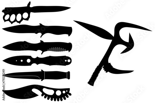 Set of black silhouettes of knives on a white background. Vector