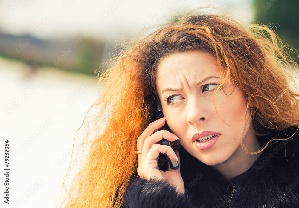 upset sad, skeptical, unhappy, serious woman talking on phone upset sad, skeptical, unhappy, serious woman talking on phone