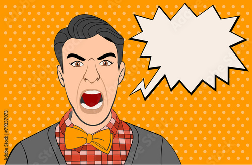 Angry retro man screaming. Vintage art.