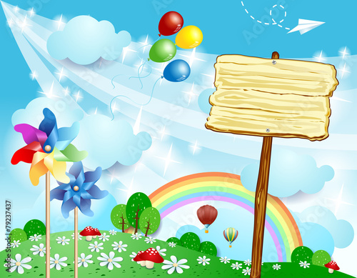 Spring landscape with wooden sign